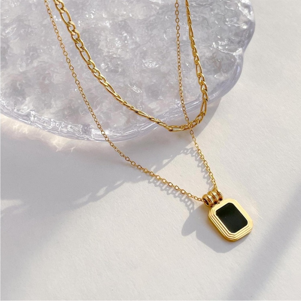 🆕 Black Onyx 18K Gold Layered Chain Necklace, Double Strand Pendant Necklace